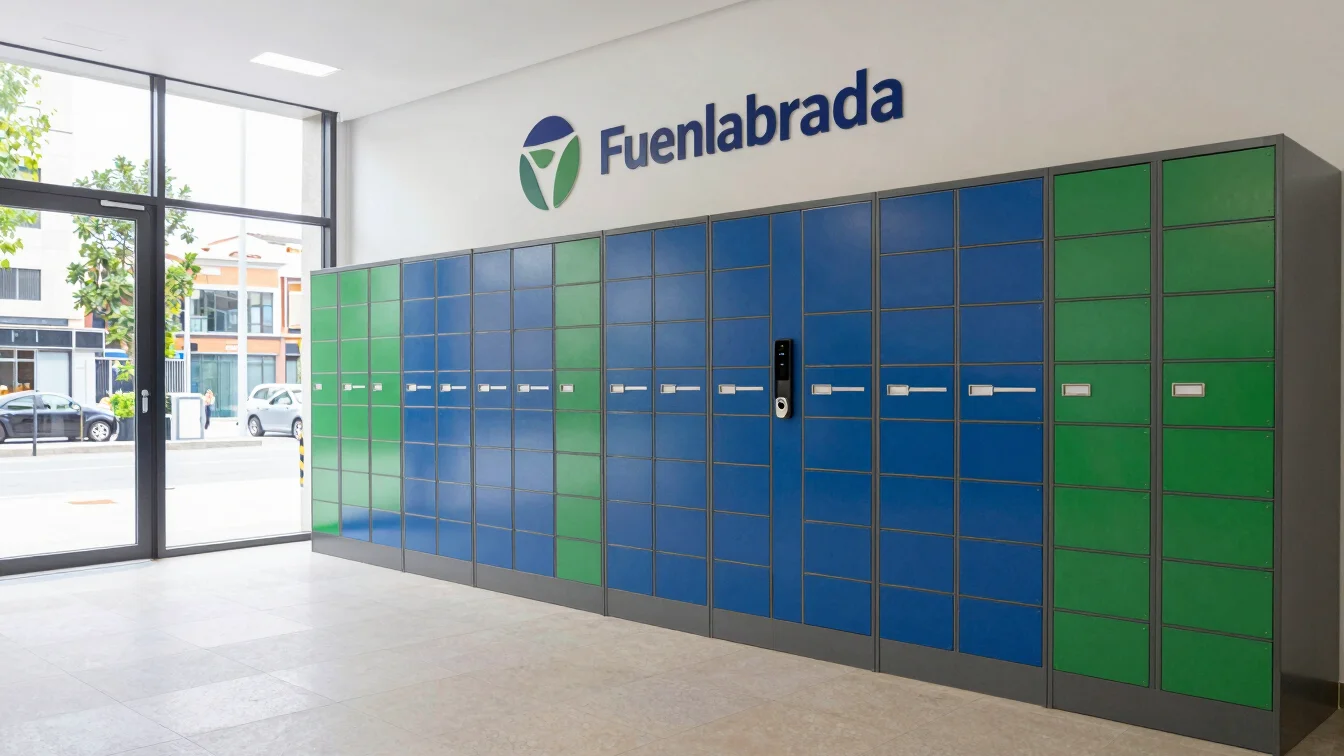 Modern smart lockers in a bright urban reception hub in Fuenlabrada, clean signage, natural lighting.