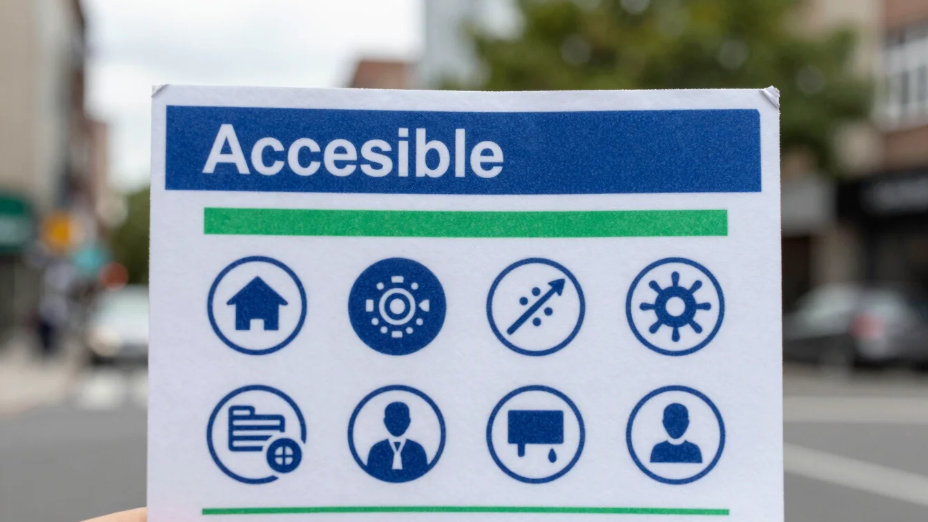 Close up of an accessible parcel label featuring clear AI-generated pictograms, natural daylight, clean composition.