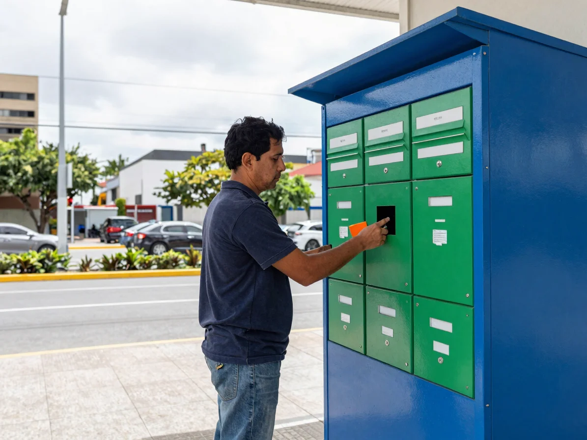 Repartidor entregando paquetes en taquillas inteligentes de un centro logístico urbano, luz natural