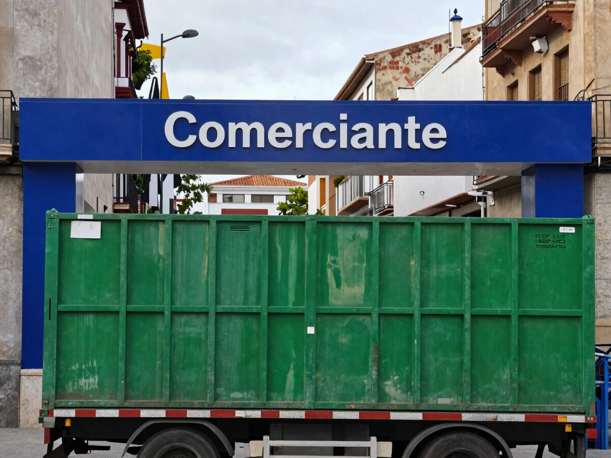 Comerciante local de Fuenlabrada recibiendo su mercancía consolidada al final de la tarde, ambiente urbano luminoso