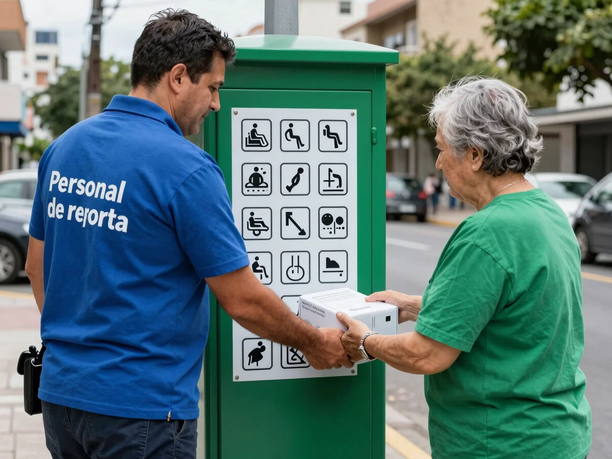 Personal de reparto asistiendo a una persona mayor con un paquete etiquetado con pictogramas claros, portal accesible