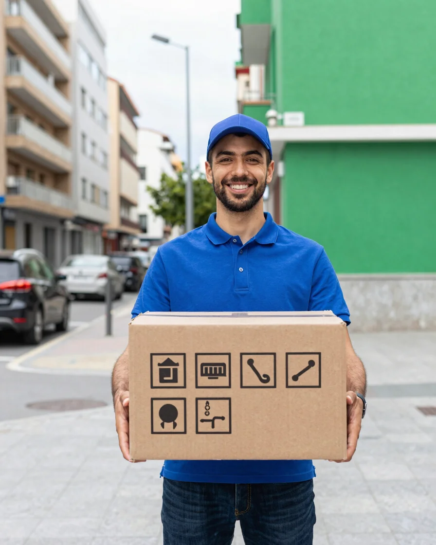 Bright urban photo of an accessible cardboard box with clear simp