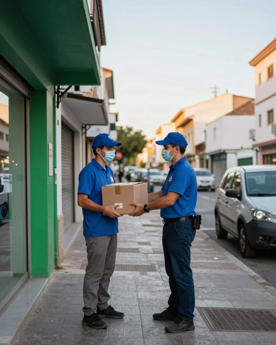 Personal de reparto entregando paquetes directamente en un comerc